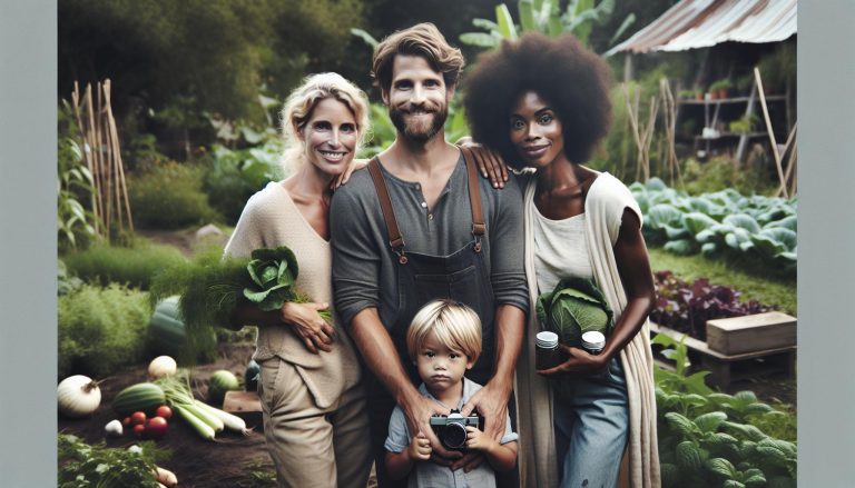 a happy family standing in a lush organic garden holding fresh vegetables and jars, showcasing natural, plant-based harvest.