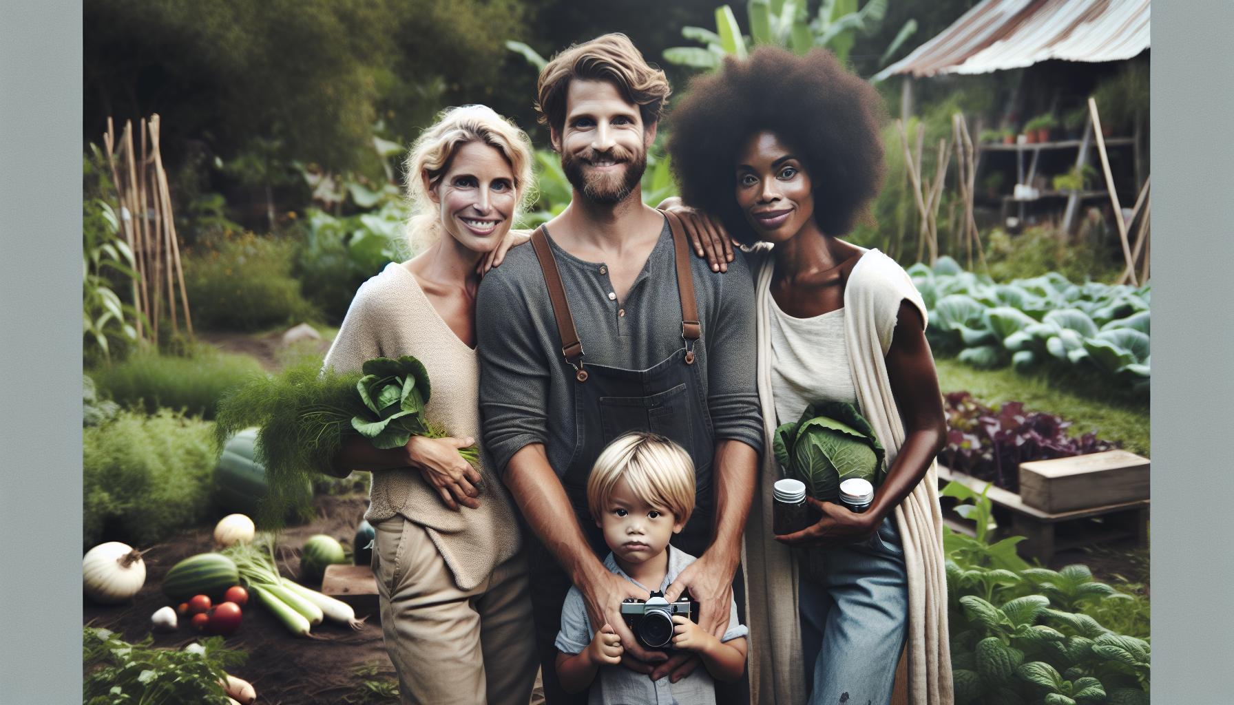 a happy family standing in a lush organic garden holding fresh vegetables and jars, showcasing natural, plant-based harvest.