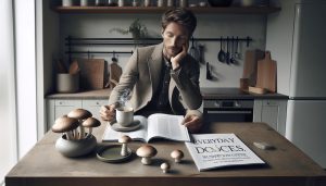 a man reading an open book titled "Everyday Doses: Mushroom Coffee" while sipping coffee, surrounded by wooden mushroom decor in a cozy kitchen.