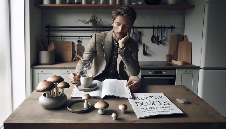 a man reading an open book titled "Everyday Doses: Mushroom Coffee" while sipping coffee, surrounded by wooden mushroom decor in a cozy kitchen.