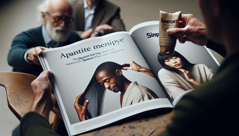 a group reviewing an open magazine page featuring a Simfort shampoo ad highlighting hair growth with a tube of the product.