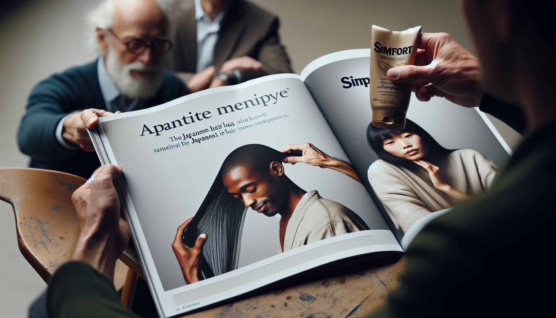 a group reviewing an open magazine page featuring a Simfort shampoo ad highlighting hair growth with a tube of the product.
