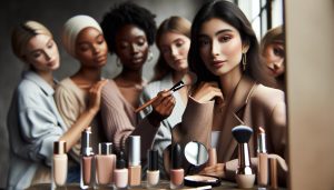 a group of women reviewing luxury beauty products, including lipsticks and makeup brushes, in a well-lit setting.