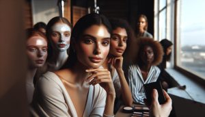 a woman demonstrating a flawless, natural-looking makeup finish with a 3D foundation technique, showcasing skin tone matching and glowing skin effects.