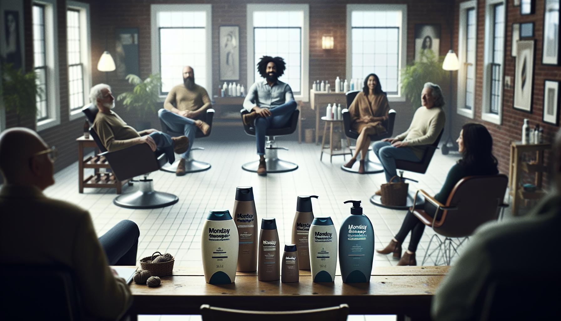 a group of diverse individuals seated in a cozy salon-style setting reviewing Monday shampoo and conditioner bottles placed on a table.
