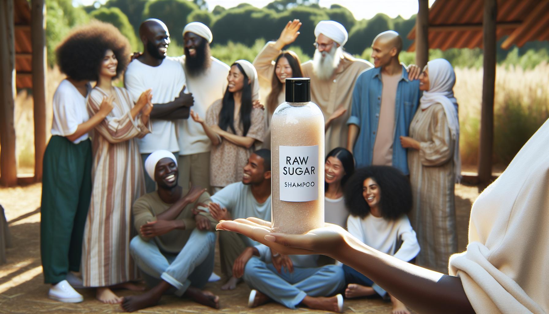 a diverse group celebrating while holding up a bottle of raw sugar shampoo, highlighting natural hair care joy.