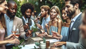 a group enjoying mindful socializing with glasses of sparkling wine at an outdoor wellness gathering.