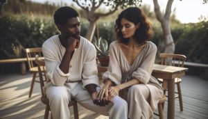 a couple sitting closely outdoors, holding hands, dressed in light-colored matching robes.