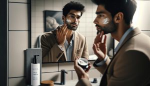 a man applying Patticel face cream in a bathroom mirror, focusing on skincare routine for anti-aging.