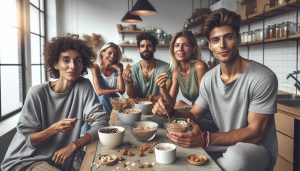 a group enjoying high-fiber snacks like cereal and nuts at a breakfast table, smiling and relaxed.
