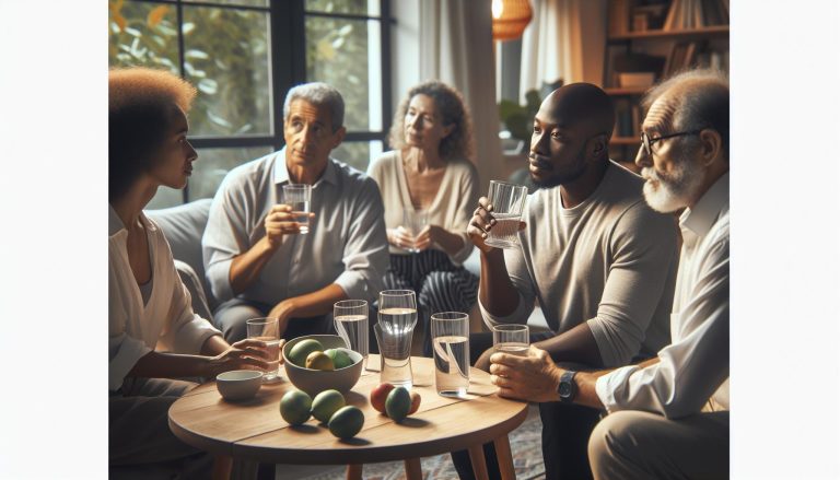 a group of people sitting around a table with glasses of water, bowls of limes, and fresh fruit, engaged in conversation about health and wellness.