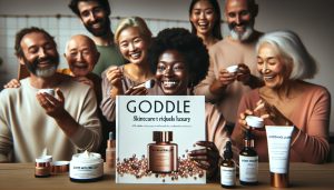 a diverse group joyfully showcasing luxury skincare products from Good Molecules, highlighting gentle formulas and visible results.