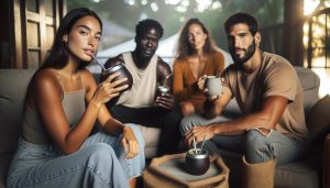 four people sitting casually on a couch, each holding a metal yerba mate gourd and straw, enjoying drinks in a cozy setting.