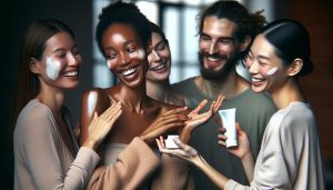 four people joyfully applying a brightening facial product, highlighting under-eye areas with a fast-acting cream for an instant glow.