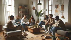 a group of six people sitting in a cozy, well-lit room engaged in a supportive discussion about mental health and wellness.