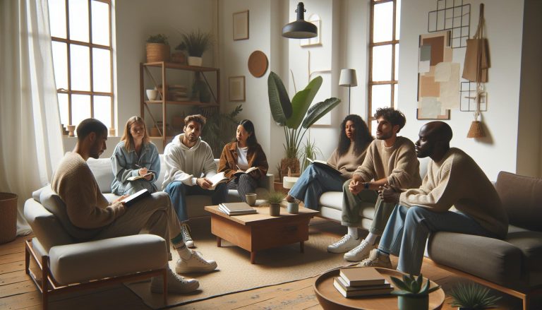 a group of six people sitting in a cozy, well-lit room engaged in a supportive discussion about mental health and wellness.