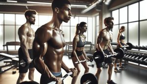 a group of athletes in a gym lifting dumbbells, showcasing intense workout performance with visible muscle pump and focus.