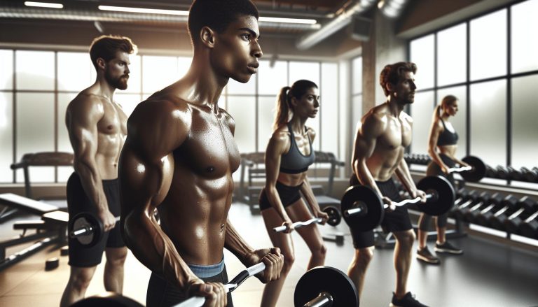 a group of athletes in a gym lifting dumbbells, showcasing intense workout performance with visible muscle pump and focus.