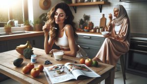 a woman enjoying a healthy breakfast with yogurt, fresh fruits, and vegetables in a bright kitchen, emphasizing women's wellness and gut health.