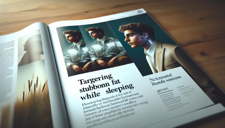 a magazine spread showcasing a futuristic skincare ad targeting stubborn fat and skin firming while sleeping, featuring a triptych of a man transforming with glowing tech-enhanced skin.