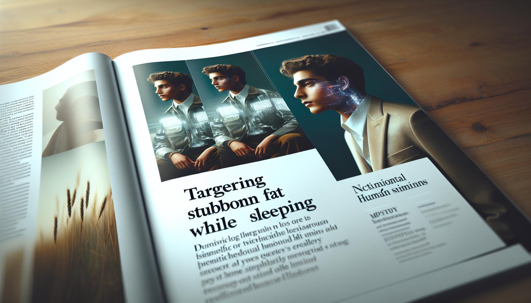 a magazine spread showcasing a futuristic skincare ad targeting stubborn fat and skin firming while sleeping, featuring a triptych of a man transforming with glowing tech-enhanced skin.