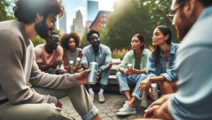a group of people sitting in a circle outdoors, casually sharing and holding recyclable canned drinks.