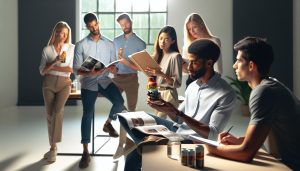 a group reviewing and discussing energy drink products, including a 5 Hour Energy shot, with books and notes on a table.