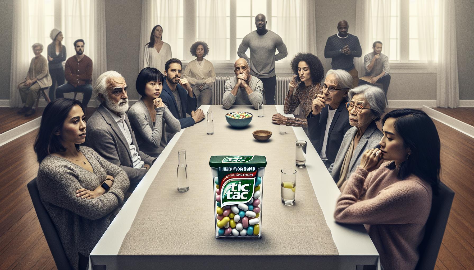 a group seated around a table with a box of Tic Tacs prominently displayed, examining it amid a serious discussion.