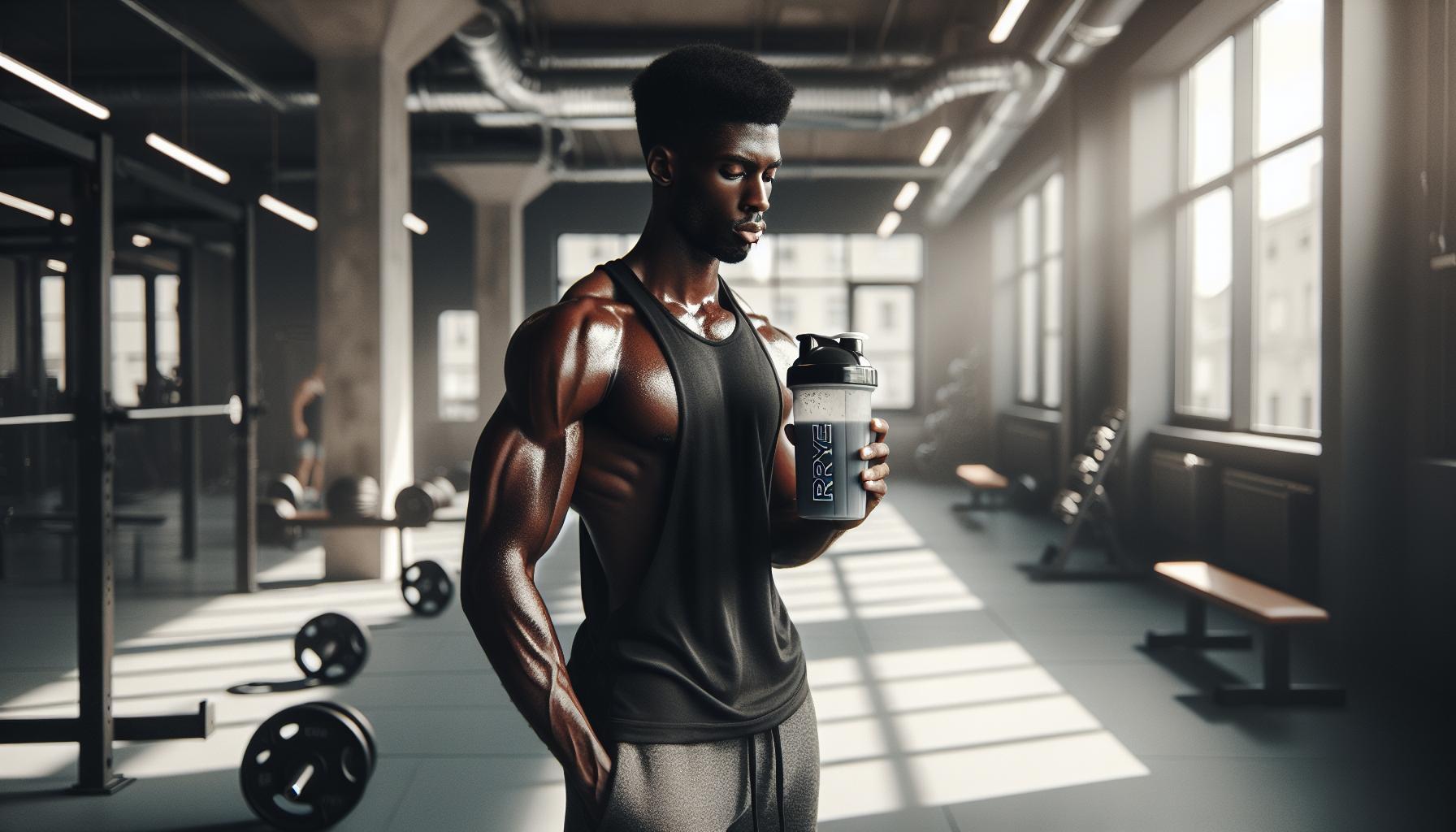 a muscular athlete holding a shaker bottle labeled "Ryse" in a modern gym, showcasing defined arms and focused fitness environment.
