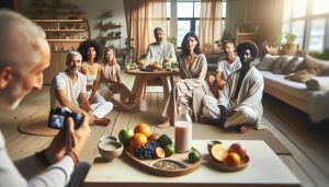 a group of people sitting casually in a bright, modern living space with a table of fresh fruits, bowls, and drinks, suggesting a relaxed wellness or social gathering.
