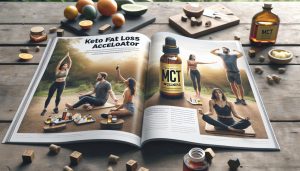 an open magazine spread showcasing a "Keto Fat Loss AcceloAtor" supplement ad featuring MCT Wellness oil bottle, people practicing yoga, and related wellness products on a rustic wooden table.