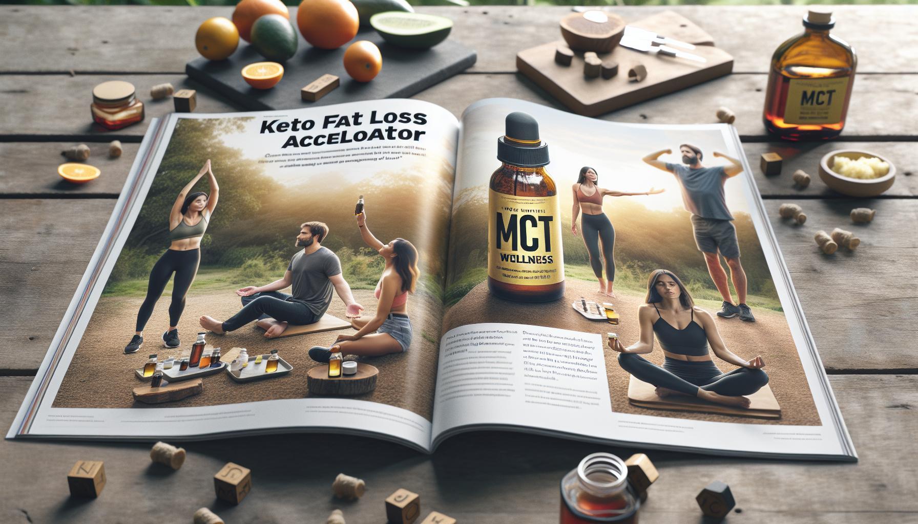 an open magazine spread showcasing a "Keto Fat Loss AcceloAtor" supplement ad featuring MCT Wellness oil bottle, people practicing yoga, and related wellness products on a rustic wooden table.