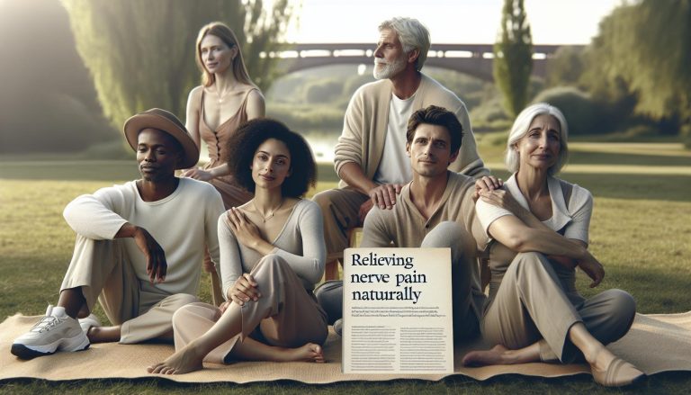 a group of five diverse individuals sitting on yoga mats outdoors, holding a sign promoting natural nerve pain relief solutions.