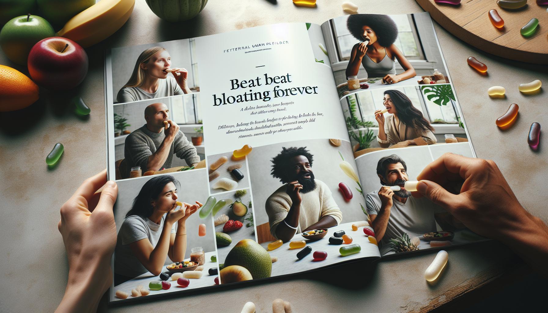 a magazine spread showcasing people taking fiber gummies for digestive relief, surrounded by fresh fruit and supplements.