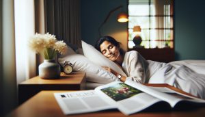a person relaxing peacefully in bed with a book, alarm clock, and flowers, enjoying restful sleep in a serene bedroom setting.