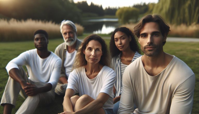 a group of five diverse individuals sitting calmly outdoors in serene natural surroundings, dressed in light, relaxed clothing.