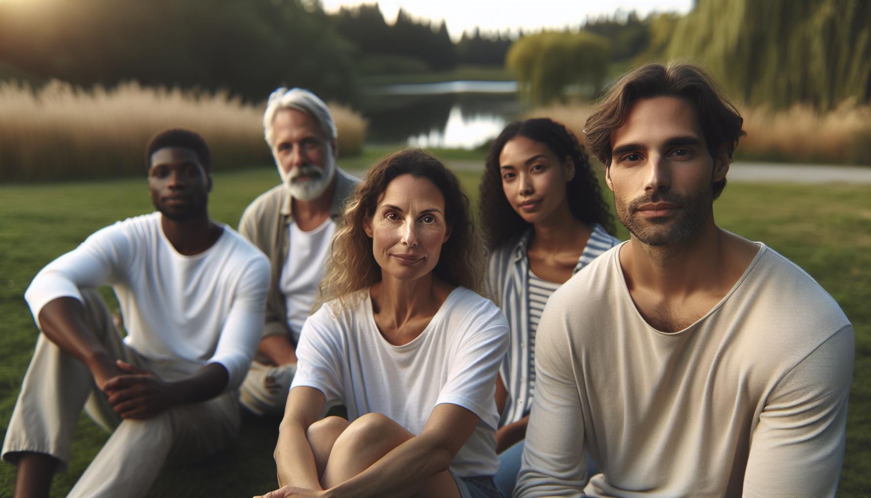 a group of five diverse individuals sitting calmly outdoors in serene natural surroundings, dressed in light, relaxed clothing.