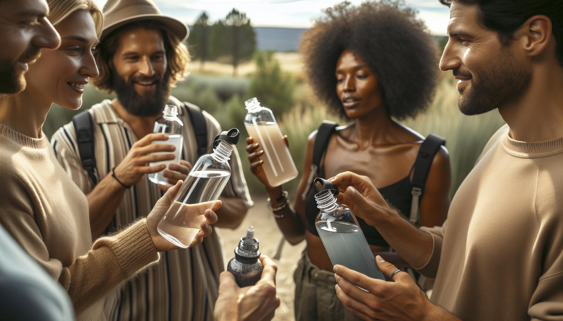 a group of people outdoors comparing and holding various hydration bottles, smiling and engaged in conversation.