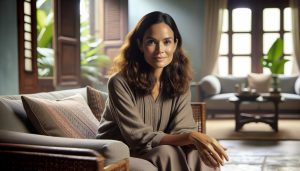 a woman in a cozy, well-lit living space sitting confidently on a stylish sofa, exuding calm and poised elegance.