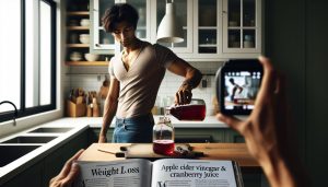 a man pouring apple cider vinegar into a jar with cranberry juice on a kitchen counter, next to a recipe book highlighting weight loss tips.