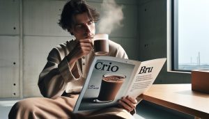 a person sipping a steaming drink while reading a magazine featuring "Crio Bru," a chocolate-based caffeine beverage.