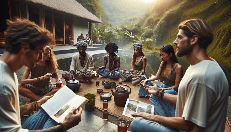a group sitting in a serene outdoor setting, engaging in a holistic wellness discussion with traditional herbal tea and natural remedies.