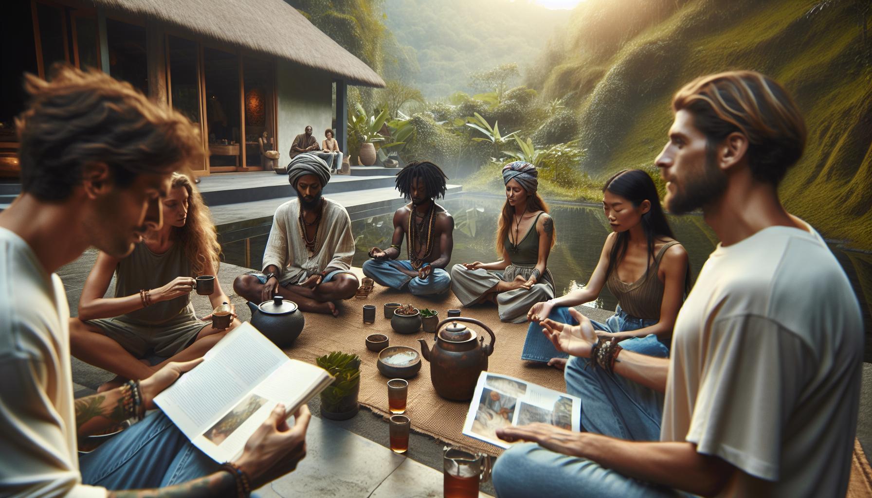 a group sitting in a serene outdoor setting, engaging in a holistic wellness discussion with traditional herbal tea and natural remedies.