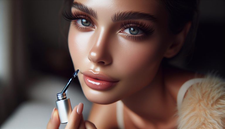 a person applying eyelash serum with a precision brush while holding the bottle, showcasing potential benefits for lash health and growth.