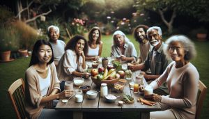 a group of diverse elderly adults smiling while enjoying a healthy breakfast with fresh fruits, vegetables, and probiotic-rich foods outdoors.