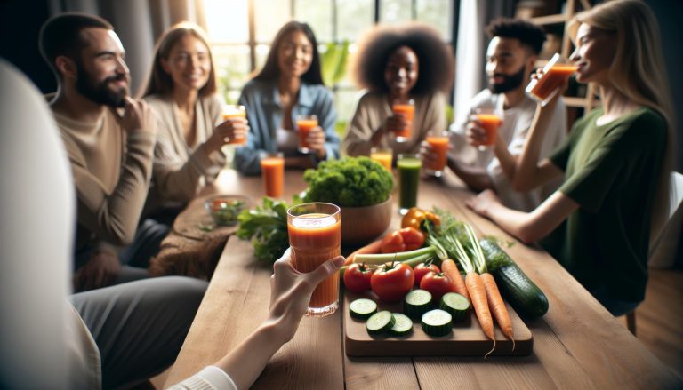 a group enjoying fresh V8 vegetable juice with sliced veggies like carrots, cucumbers, and tomatoes on a table.