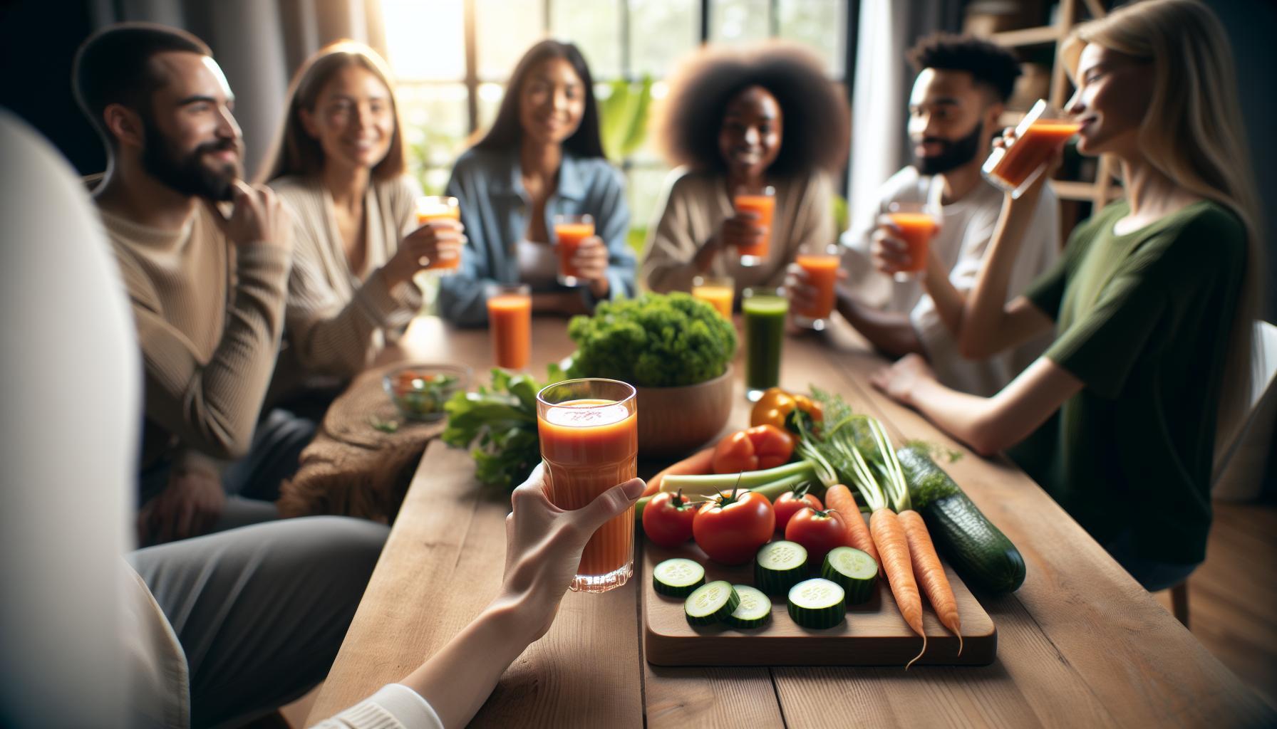 a group enjoying fresh V8 vegetable juice with sliced veggies like carrots, cucumbers, and tomatoes on a table.
