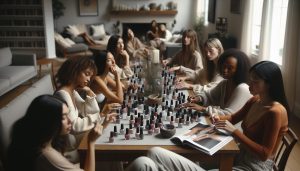 a group of people gathered around a table testing various nail polish bottles, likely exploring DIY dip powder or long-lasting manicure options.