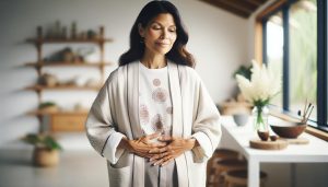 a woman in a calm, home-like setting with hands clasped, wearing a light robe and floral-patterned shirt, suggesting a serene self-care routine.