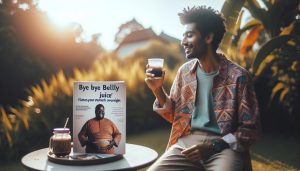 a man smiling while holding a glass of dark juice, sitting beside a "Bye Bye Belly juice" promotional pamphlet advertising a natural approach to flattening the stomach.